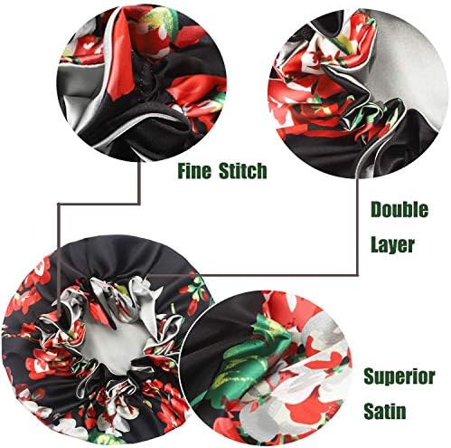SENGTERM Women Adjustable Satin Bonnet Silky Sleep Cap Hair Bonnet Double Layered Reversible for Curly,Natural, Hair (XL-ADULT, XL Black Flower) - Image 6