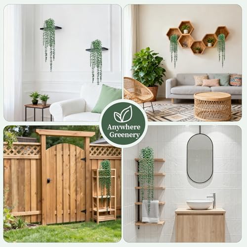 Artificial Hanging Plants for Shelf, 2-Pack Fake Potted Greenery Faux String of Pearls in Black Pot, Décor for Office Living Room Bathroom Indoor Outdoor - Image 2