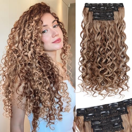 Vigorous Curly Clip In Hair Extensions,4PCS 20 inch Thick Curly Hair Extensions Lace Weft Clip Ins Invisible Natural Synthetic Hairpieces for Women,Light Brown with Blonde Highlights(128H24) by Vigorous
