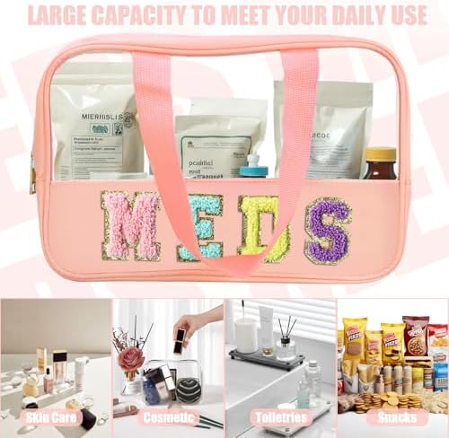 BuyCard Chenille Letter Bag Clear Meds Bag Preppy Makeup Bag Medicine Bags for Travel Zipper Pouch with Handle Nylon & PVC Waterproof Portable Cosmetic Bag Toiletry Organizer for Women Girls Pink - Image 4
