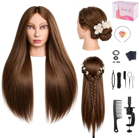 Mannequin Head with 80% Real Hair, 26'' Hairdresser Practice Styling Training Head Cosmetology Manikin Doll Head with Clamp Holder, DIY Braiding Set (Amber Brown) by MYSWEETY