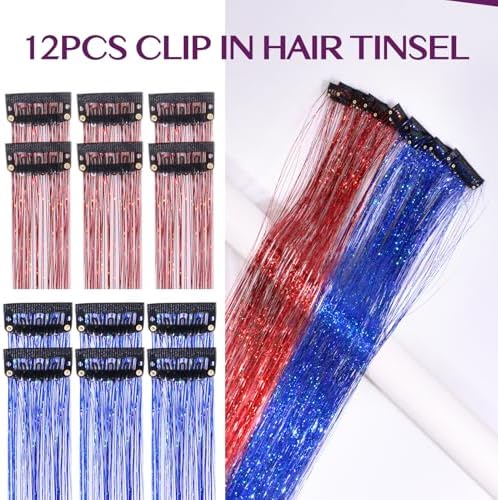 IDN BEAUTY Hair Tinsel Clip In Mixed Red Treasure Blue Sparkle Hair Extensions 24 Inch 12pcs - Image 3
