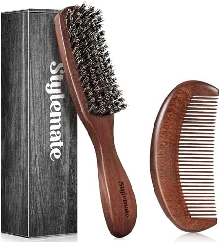 STYLEMATE Mens Boar Bristle Hair Brush Comb Set, Slick Back Mens Hair Brush with Stiff Bristles for Fine Hair, Beard Brush with Natural Black Walnut Wooden Gold Sandalwood Handle by Stylemate