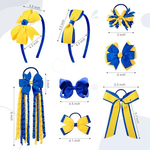 DEEKA 13 PCS Uniform Hair Accessories Set Yellow & Royal Blue Hair Bows Hair Clips Headband Hair Ties Curly Korker Bows for Little Toddler School Girls - Image 6
