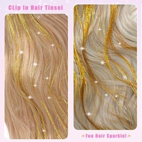 18 Pcs Hair Tinsel Clip in, 20.5 Inch Glitter Tinsel Hair Extensions, Shiny Sparkling Fairy Hair Tinsel Clips, Dazzling Party Hair Accessories for Girls Women Kids (Gold) - Image 3