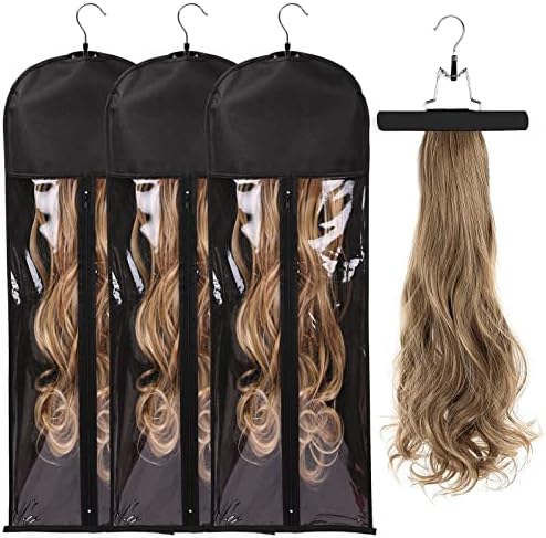 3PCS Extra Long Hair Extension Storage Bag Hairpieces Storage Holder with Wooden Hanger Dust-proof Portable Suit with Transparent Zip Up Closure- Light weight, Waterproof and Portable (Black) by AIHOPESTO