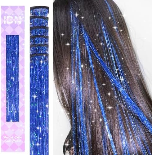IDN BEAUTY Hair Tinsel Clip In Treasure Blue Sparkle Hair Extensions 24 Inch 6pcs by IDNBEAUTY