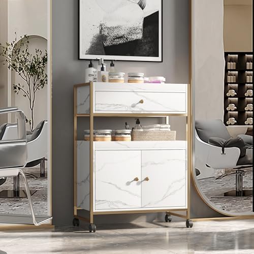 Salon Rolling Trolley with Lockable Wheels Barber Cart with Storage Drawer Mobile Hair Station Cabinet for Beauty Makeup Esthetician Spa Massage (White Marble+one Drawer+one Cabinet) - Image 4