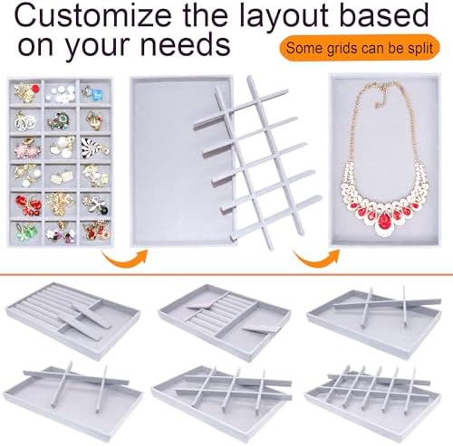 Set of 8 Stackable Jewelry Organizer X-Large Velvet Jewellry Trays Jewelryy Drawer Inserts, Earring Ring Brooch Necklace Bracelet Watch Display Plate with Removable Dividers - Image 7