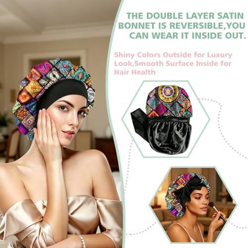 Satin Hair Braid Bonnet for Sleeping Double Layer Tie Band Elastic Wide Soft Silk Lined Nightcap Women Girls Cute - Image 6