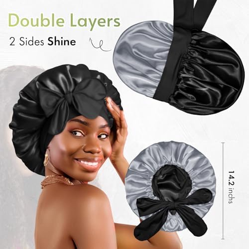 BONNET QUEEN Silk Bonnet for Sleeping Satin Bonnet with Tie Hair Wrap Double Layer Sleep Cap for Women Curly Hair, Black Silver - Image 3