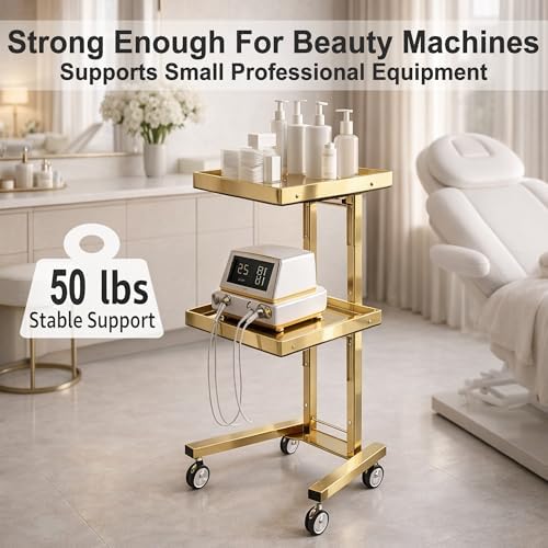 2-Tier Metal Rolling Cart with Wheels, Salon Trolley, Gold - Image 2