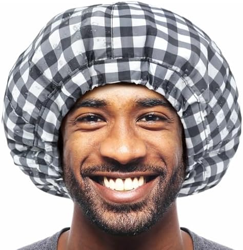 Shower Cap for Men Black White Plaid Bath Cap, Reversible Large Waterproof Adjustable Shower Caps Terry Lining & Elastic Band Stretch Hem Hair Hat - Image 7