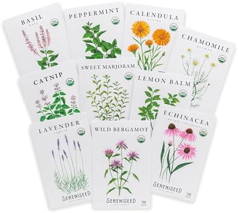 Sereniseed Certified Organic Herbal Tea Seed Collection (10-Pack) – 100% Non GMO, Open Pollinated – Grow Guide by Sereniseed
