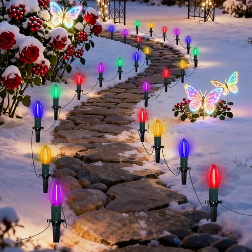 C9 Christmas Pathway Lights Outdoor, 38 Ft 25 LED Multicolor C9 Christmas Lights, Connectable Outdoor Waterproof Walkway Markers Light for Driveway Yard Garden Lawn Xmas Decorations - Image 3