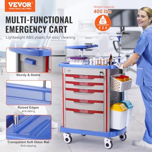 VEVOR Medical Crash Cart, Nursing Emergency Rolling Cart with 5 Drawers & 4 Silent Wheels, Adjust IV Pole, Needle Disposal Holder, Trash Bin, O2 Holder, Mobile Trolley for Hospital, Clinic, Lab, Salon - Image 2