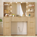 Quimoo Fluted Vanity Desk with Mirror and Adjustable LED Lights & Power Outlet, Makeup Vanity Desk with 7 Drawers,4 Shelves and 5 Hooks, Vanity for Girls, Natural Oak by QUIMOO