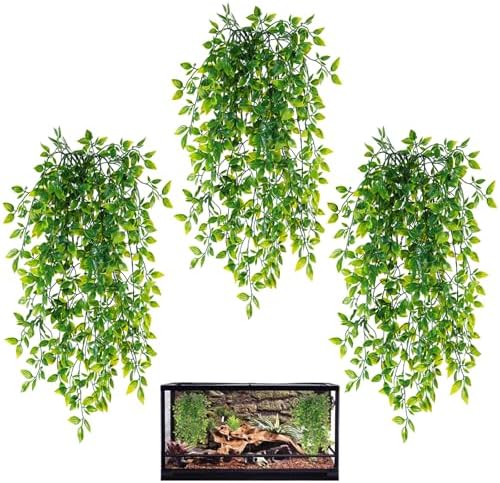 HERCOCCI Reptile Plants, 3 Pack Terrarium Hanging Plants Vines Artificial Leaves Habitat Decorations with Suction Cup for Bearded Dragon Hermit Crab Lizard Snake Geckos Chameleon by HERCOCCI