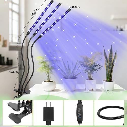 Led Grow Lights, 3 Heads Red Blue Plant Light with Clamp for Indoor Plants & Seed Starting, 10-Level Dimmable, Auto On Off, Timing 3 9 12Hrs - Image 2