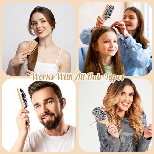 URTHEONE Hair Brush,Boar Bristle Hair Brushes and Styling Comb Set for Women Men Kids, Best Natural Wooden Paddle Hairbrush for Wet or Dry Hair Detangling Smoothing Massaging - Image 5