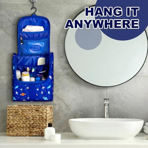Remobia Hicol Cute Cartoon Hanging Kids Toiletry Bag Children Travel Cosmetic Makeup Organizer Wash Bag Shower bag Over Night Bag Camping Shaving Kit Bag for Boys & Girls (Astronaut) - Image 5