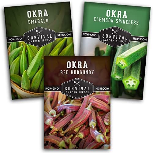 Okra Seeds Collection for Planting: 3 Heirloom Varieties by SurvivalGardenSeeds