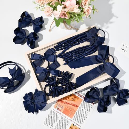 DEEKA Navy Blue School Hair Accessories Set 13 Pcs Uniform Hair Bow Headband Clips Hair Ties Curly Korker Bows for Little Toddler School Girls (Navy) - Image 7