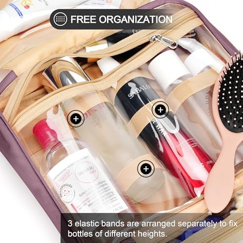COOSKY Travel Hanging Toiletry Bag for Women, Large Makeup Bag 8 Leak Proofing Silicone Bottle Covers, Waterproof Cosmetic Bag with Jewelry Organizer Compartment, Toiletries Kit Set, Purple - Image 6