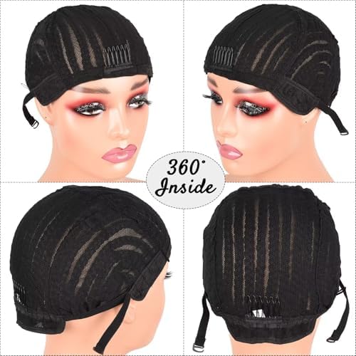 Crochet Wig Cap Breathable Braided Cornrow Cap with Adjustable Straps for Easier Sew in Hair Weave Glueless Black Braided Wig Cap with Combs for Making Wig (crochet caps,2pcs) - Image 5