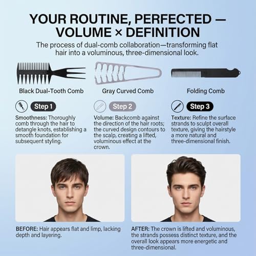 3pcs Texture Comb Voluminous Fluffy Texture Styling Hair Comb Plastic Wide Fine-Toothed Dual-Purpose Barber Anti-Frizz Hairbrush Apparatus Tool with Grip for Men Lift Roots Fringe Parting - Image 4