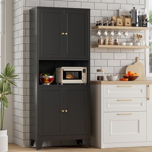 Bevivog Tall Pantry Cabinet with Microwave Shelf, 69" Metal Storage Cabinet with 4 Doors and Adjustable Shelves,Freestanding Metal Kitchen Hutch Cabinet, Black Pantry Closet Storage Shelves with Doors by BevivogStylishCabinetsOrganizeYourSpace