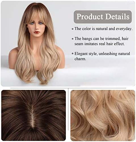 HAIRCUBE Long Blonde Wigs for Women Wave Curly Wig with Bangs Natural Brown Roots Synthetic Wigs for Daily Use Cosplay - Image 2