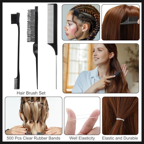 Boar Bristle Slick Back Hair Brush Comb with Wide Boar Bristle Brush,Hair Wax Stick,500PCS Elastic Rubber Bands for Women and Men Sectioning,Parting - Image 6