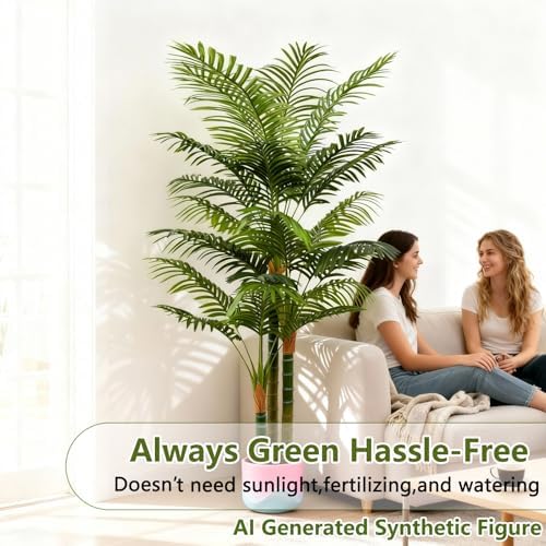 6FT Tall Golden Cane Artificial Palm Tree, Large Faux Palm Tree with 3 Textured Trunks, Outdoor Artificial Plants, Fake Tree for Indoor Office Living Room Outside Patio. - Image 6