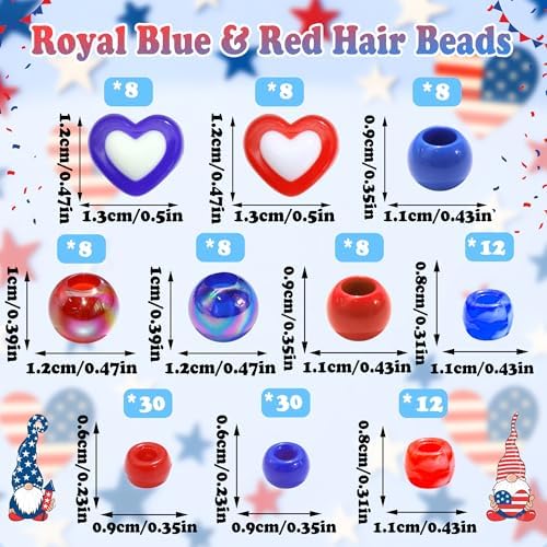 NAISKA 132PCS 4th of July Hair Beads Royal Blue Red Beads for Hair Patriotic Bead Sets 10 Styles Loc Pony Bead Independence Day Hair Accessories for Kids Girls - Image 4