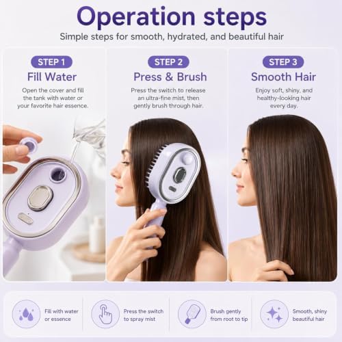 Electric Spray Air Cushion Massage Comb, Upgraded 5 in 1 Rechargeable Air Cushion Hair Brush, Retractable Self-Cleaning Steam Brush for Frizzy Hair & Scalp Care, Anti-Static & Detangling (Purple) - Image 4