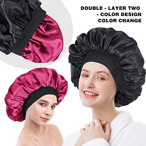 Double Layer Adjustable Satin Bonnets for Sleeping Women (Black and Wine) - Image 5