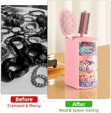 neotidy Hair Accessories Organizer with Hair Brush Holder, Rotating Hair Tie Product Organizer for Girls, 3-Tier Makeup Brush Holder for Clips, Bows & Brushes (Pink, 3-Tier) - Image 7