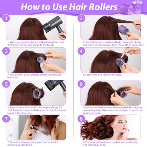 Jumbo Hair Curlers Rollers, 12Pcs Hair Roller Curlers Self Grip Holding Rollers with12 Stainless Steel Duckbill Clips for Long Hair Volume (Purple) - Image 4