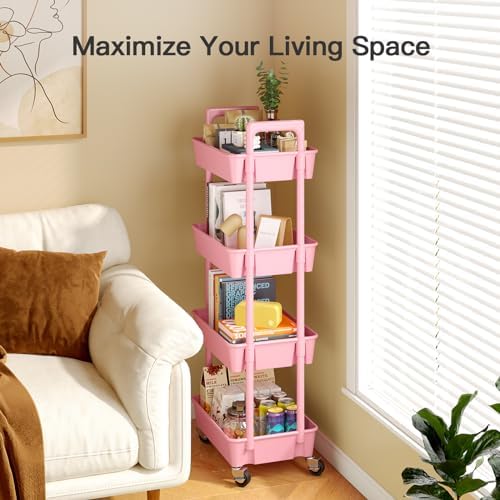 Pipishell 4 Tier Rolling Cart with Handle & Wheels for Storage, Pink - Image 5