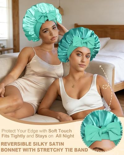 Satin Bonnet for Women Silk Bonnets for Sleeping Curly Hair Bonnet with Elastic Tie Band Reversible Double Layer Sleep Cap Hair Wrap (Blue+Green) - Image 2