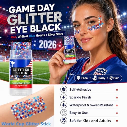 Go Ho Red White and Blue Glitter Stick,Waterproof Star&Heart Face,Body&Hair Glitter,4th of July Accessories,Patriotic USA Flag Sparkle Cheer Glitter Makeup for Soccer Game Independence Day Makeup - Image 2