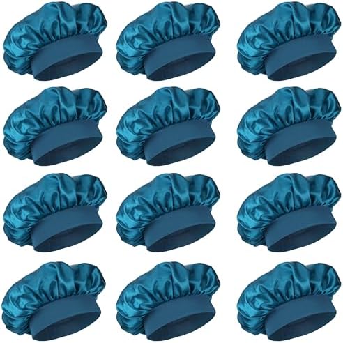 12 Pieces Silk Bonnet for Women Curly Hair Satin Bonnet Hair Wrap for Sleeping Cap with Tie Band (Blue Zircon) by PODALOA