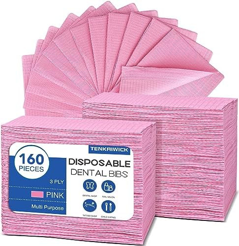 160 Pack Disposable Dental Bibs 13"x18", 3-Ply Waterproof Tattoo Bibs Sheet for Nail Salon, Dental Clinic, Feeding, Tattoo Shop (Pink) by TENKAIWICK