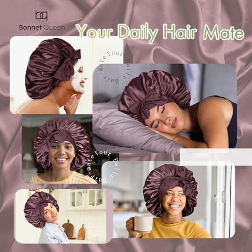 BONNET QUEEN XL Large Silk Like Bonnet for Sleeping for Curly Hair,Satin Bonnet with Adjustable Tie Band, Maroon - Image 2