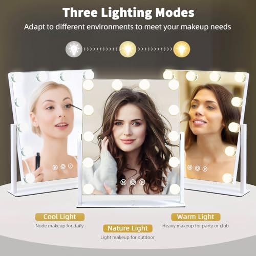 Vanity Mirror with Lights, 13'' x 11'' Lighted Makeup Mirror for Desk, Hollywood Mirror with 12 Dimmable Bulbs, 3 Color Modes, Smart Touch Control, 360°Rotation, Gifts for Girls, Women, Wife - Image 3