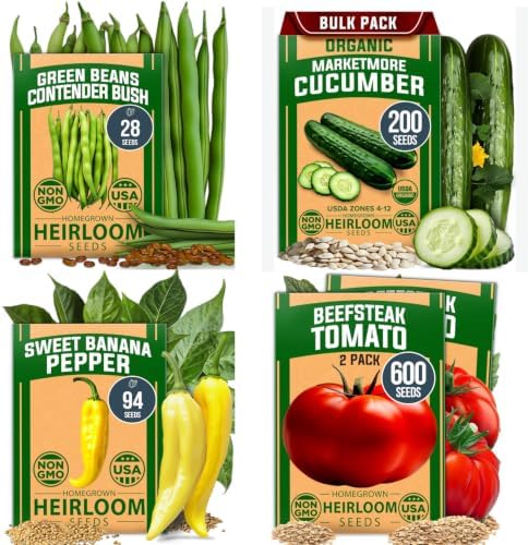 HOME GROWN Vegetable Seed Bundle - Beefsteak Tomato (600+), Organic Marketmore Cucumber (200+), Contender Bush Bean (28+) & Sweet Banana Pepper (94+) Seeds by HOMEGROWN