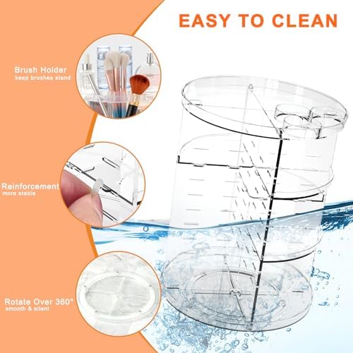 Rotating Makeup Organizer, DIY 8 Adjustable Layers Spinning Skincare Storage, Cosmetic Display Case with Brush Holder and Perfume Tray, Multi-Function Vanity Bathroom Countertop Organizer Clear - Image 6