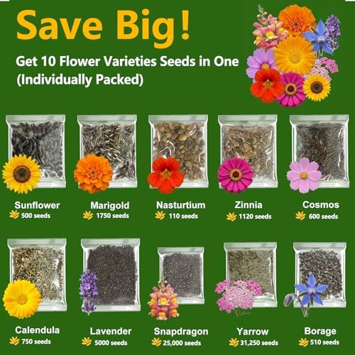 10 Varieties Flower Seeds in Individual Packs, 66,600+ Non-GMO Seeds Indoor Outdoor, Includes Zinnia Lavender Sunflower Marigold Cosmos Nasturtium Snapdragon Borage Yarrow Calendula, Wildflower Seeds - Image 2
