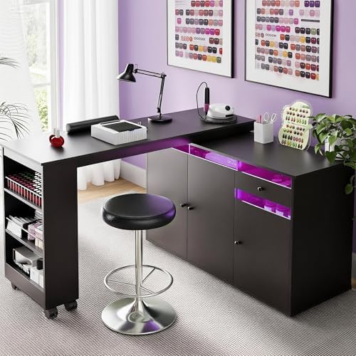 L-Shaped Manicure Table with Dust Collector & LED Light (Black) by HolaiNail